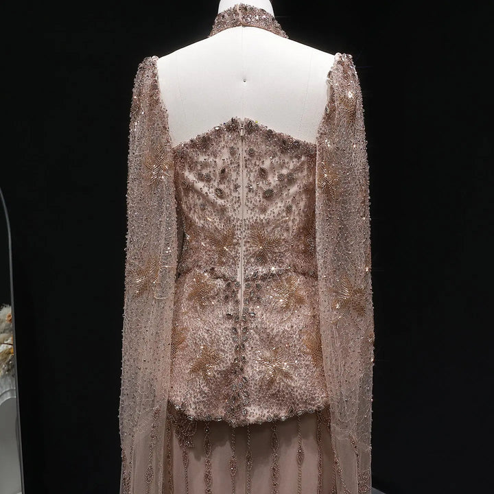 Luxury Silver Beaded Evening Gown with Cape Sleeve SS531