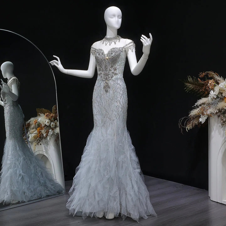 Luxury Silver Gray Beaded Tulle Train Evening Dress SS746