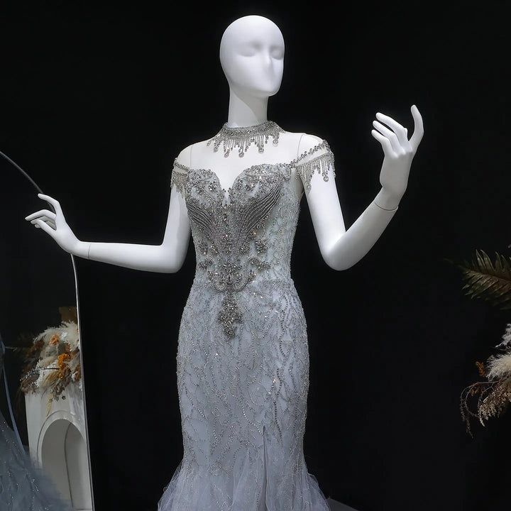 Luxury Silver Gray Beaded Tulle Train Evening Dress SS746