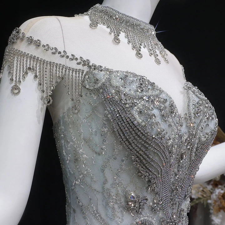 Luxury Silver Gray Beaded Tulle Train Evening Dress SS746