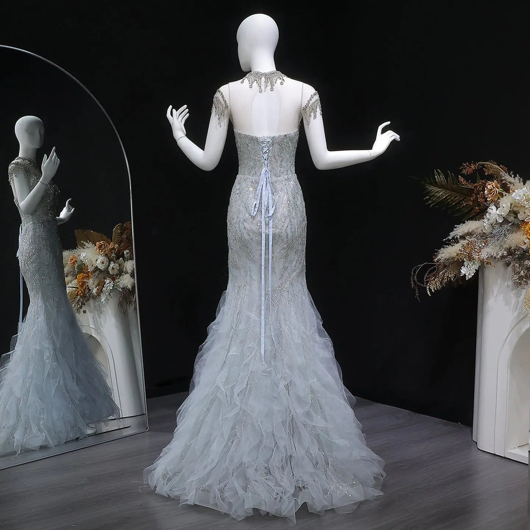 Luxury Silver Gray Beaded Tulle Train Evening Dress SS746