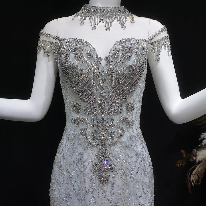 Luxury Silver Gray Beaded Tulle Train Evening Dress SS746