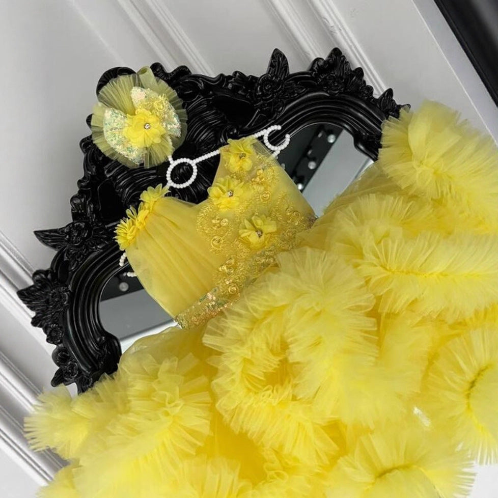 Luxury White Flower Girl Dress 3D Floral Tulle Princess Wedding Dress for Girls M052