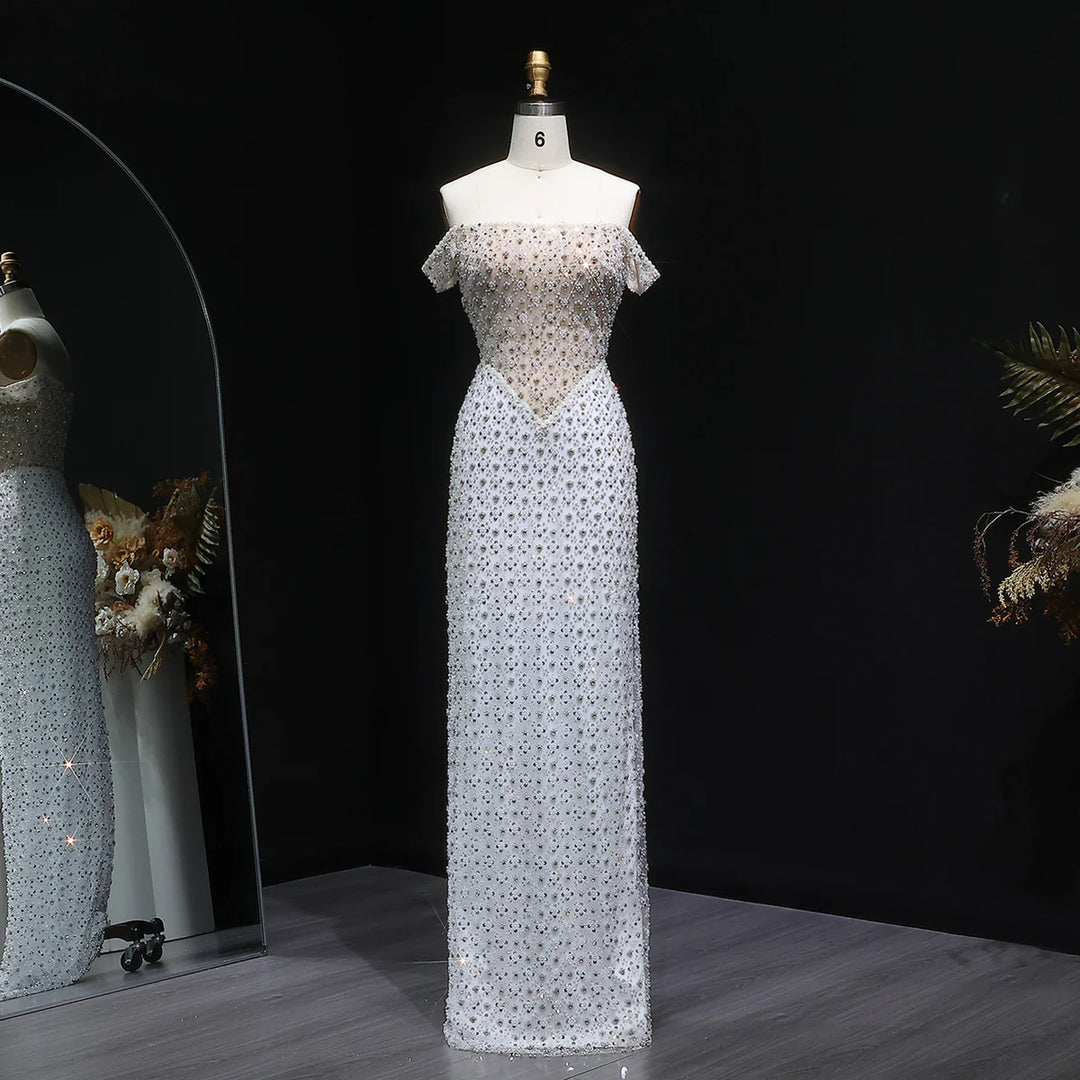 Luxury White Off-Shoulder Beaded Sequin Slim Evening Dress SS610