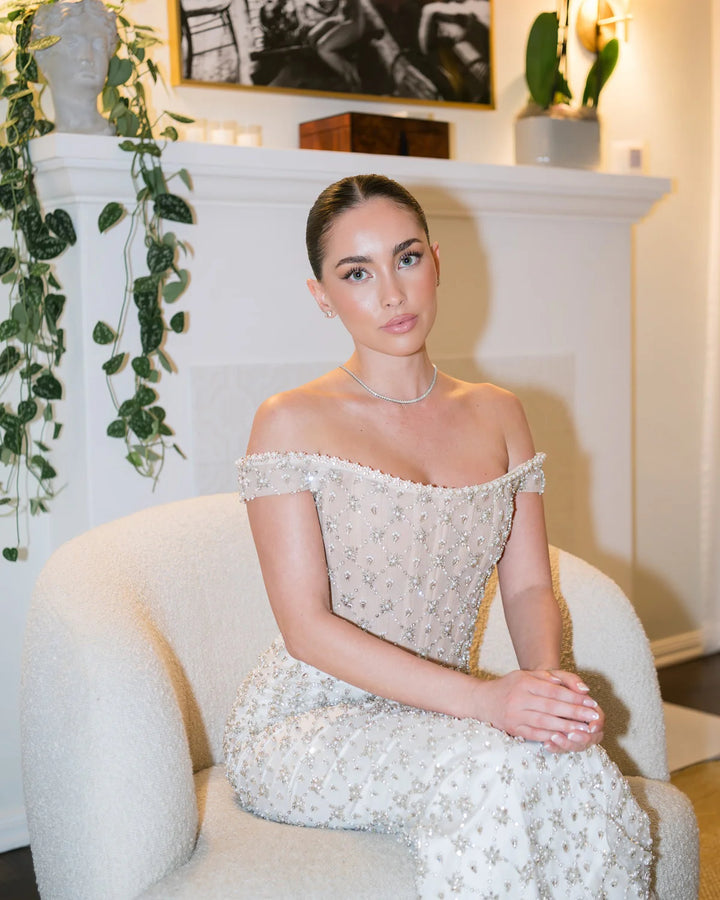 Luxury White Off-Shoulder Beaded Sequin Slim Evening Dress SS610