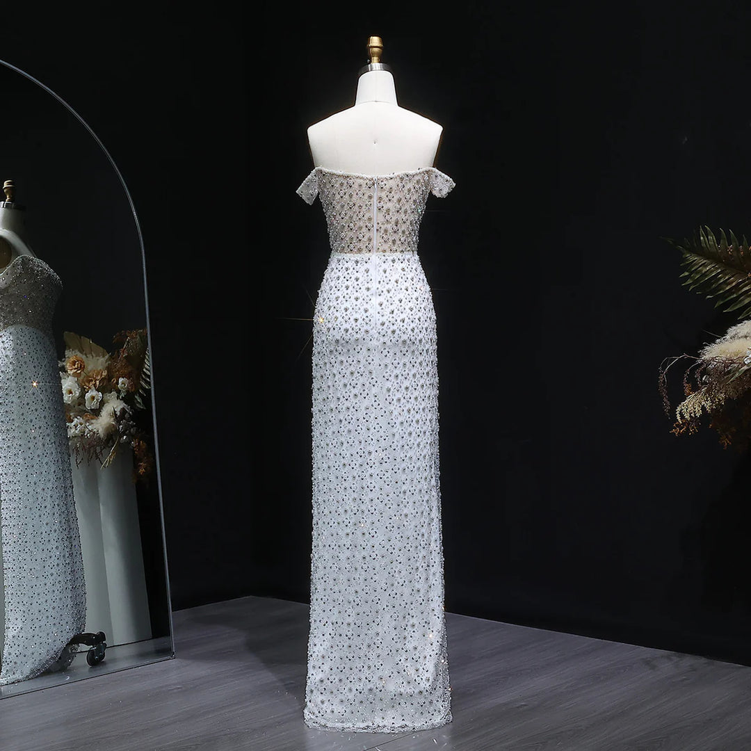 Luxury White Off-Shoulder Beaded Sequin Slim Evening Dress SS610