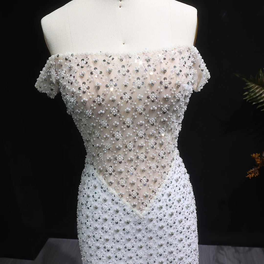 Luxury White Off-Shoulder Beaded Sequin Slim Evening Dress SS610