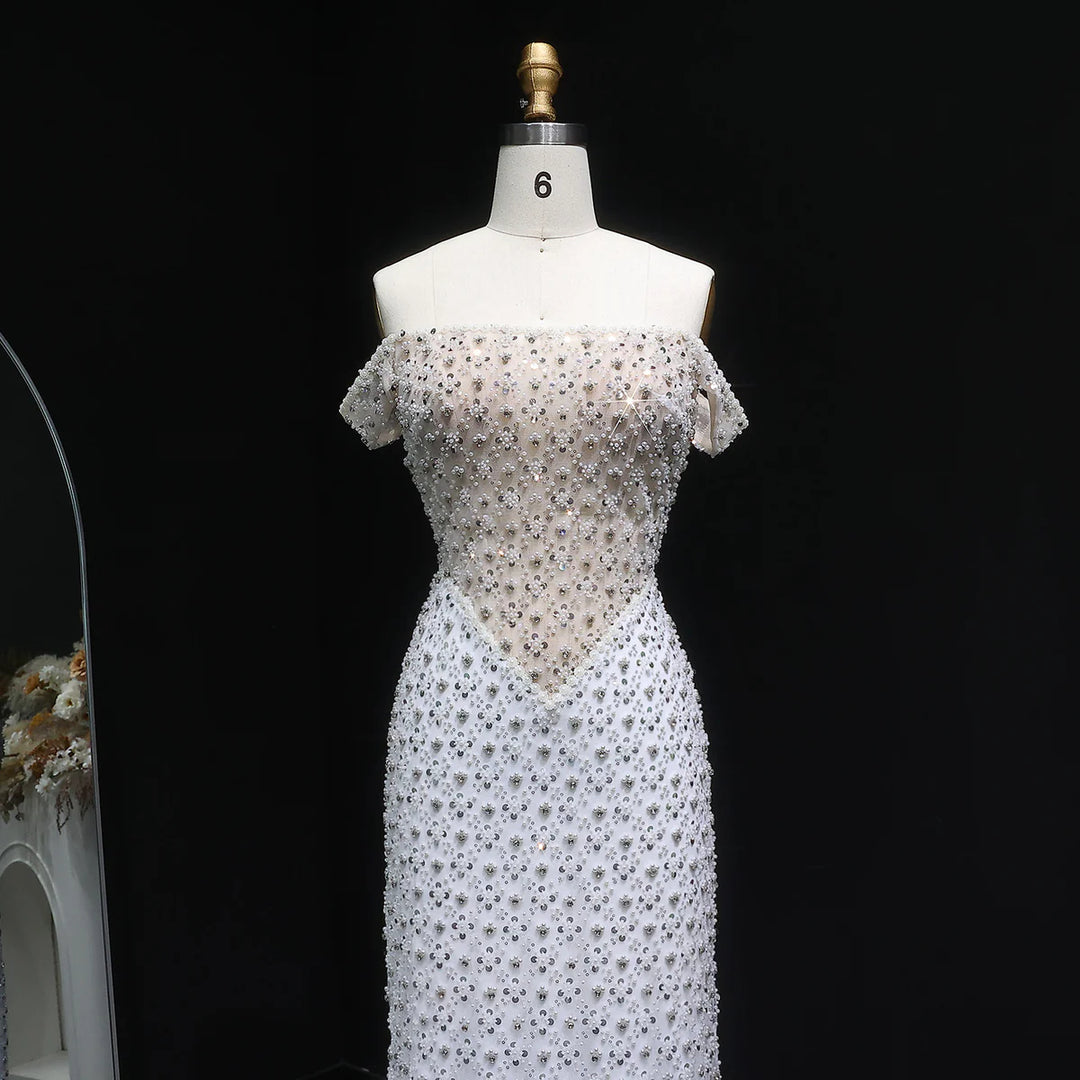 Luxury White Off-Shoulder Beaded Sequin Slim Evening Dress SS610
