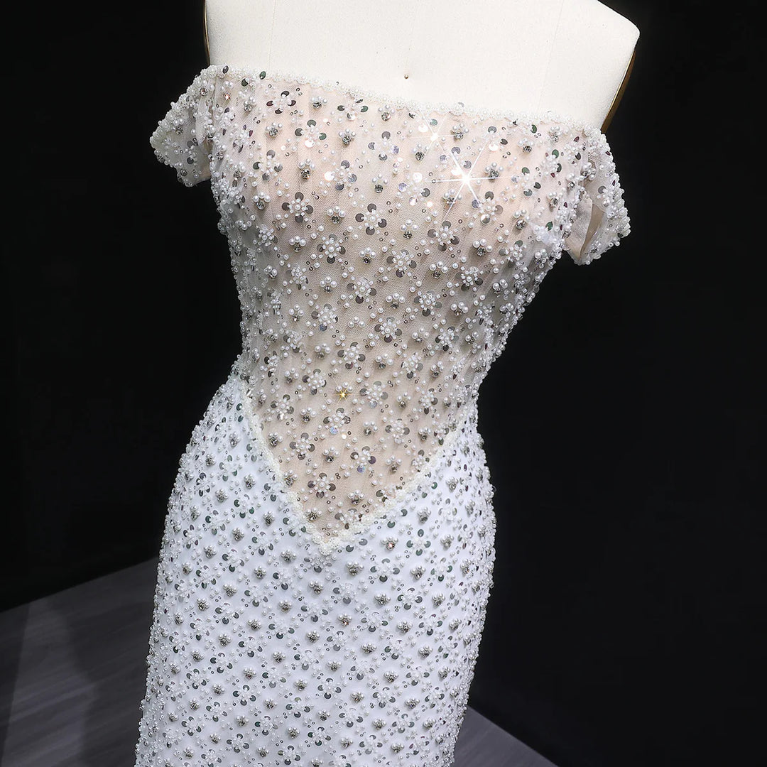 Luxury White Off-Shoulder Beaded Sequin Slim Evening Dress SS610