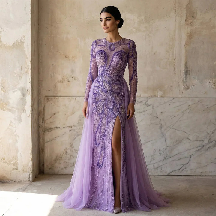 Luxury Wine Red Crystal Embellished Slit Evening Dress with Overskirt SS160