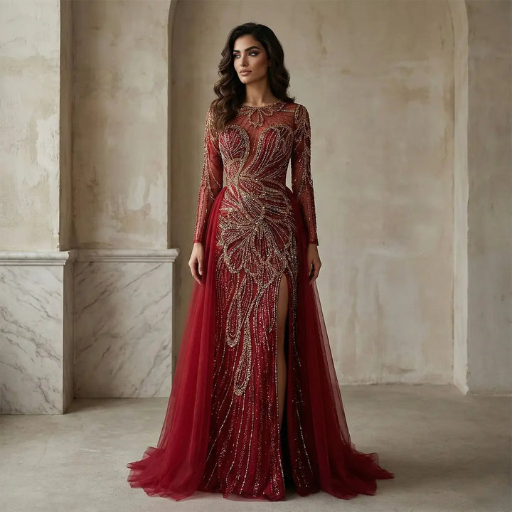 Luxury Wine Red Crystal Embellished Slit Evening Dress with Overskirt SS160