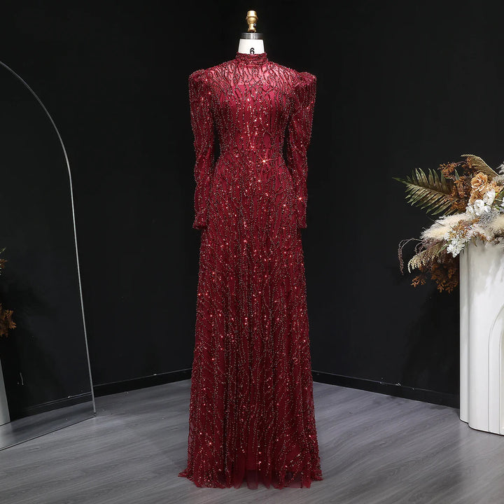 Luxury Wine Red Beaded High Neck Long Sleeve Evening Dress SS618