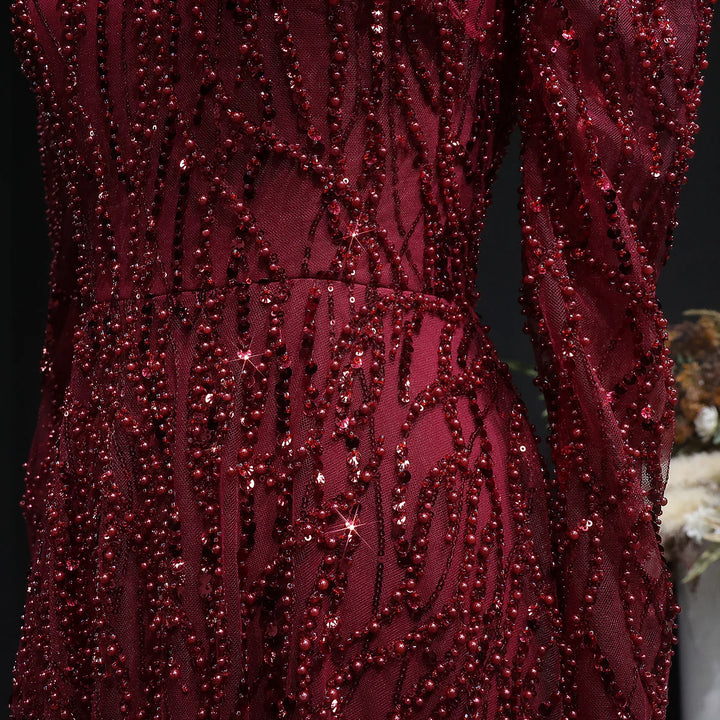 Luxury Wine Red Beaded High Neck Long Sleeve Evening Dress SS618