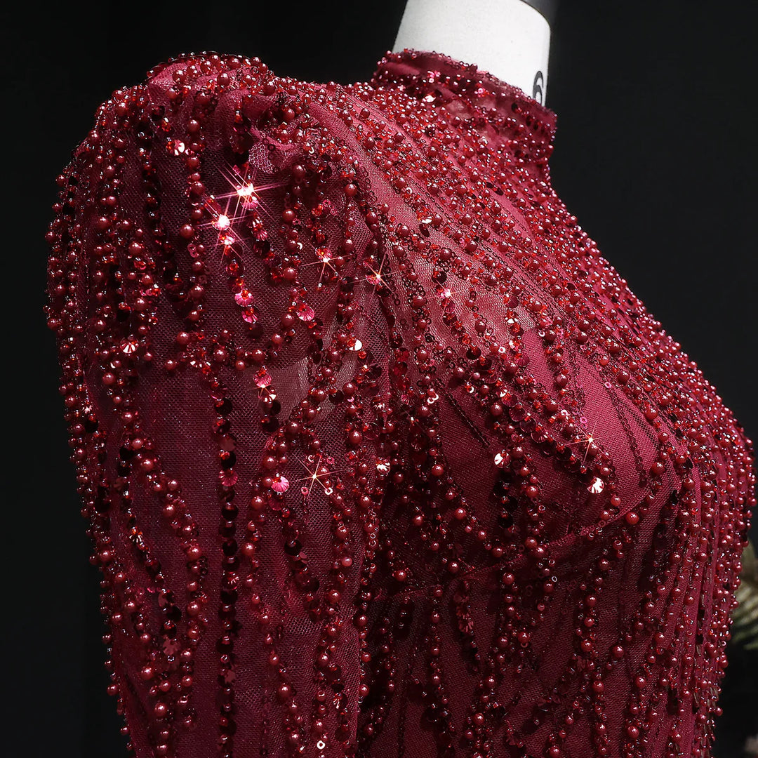 Luxury Wine Red Beaded High Neck Long Sleeve Evening Dress SS618