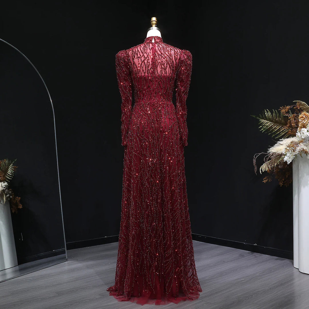 Luxury Wine Red Beaded High Neck Long Sleeve Evening Dress SS618