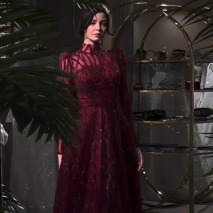 Luxury Wine Red Beaded High Neck Long Sleeve Evening Dress SS618
