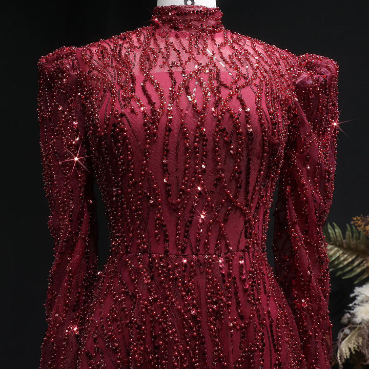 Luxury Wine Red Beaded High Neck Long Sleeve Evening Dress SS618