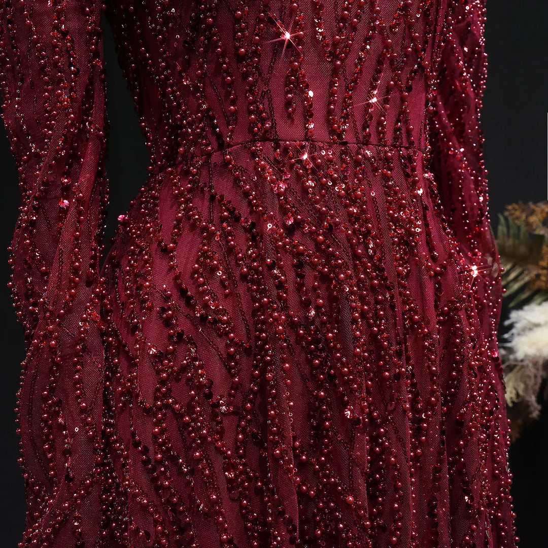 Luxury Wine Red Beaded High Neck Long Sleeve Evening Dress SS618