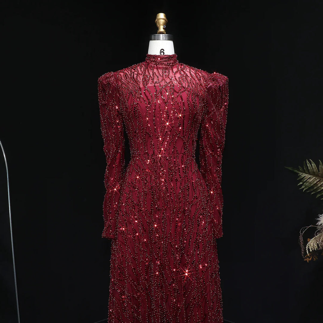 Luxury Wine Red Beaded High Neck Long Sleeve Evening Dress SS618
