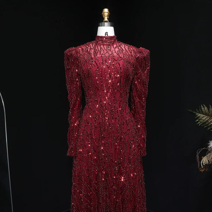 Luxury Wine Red Beaded High Neck Long Sleeve Evening Dress SS618