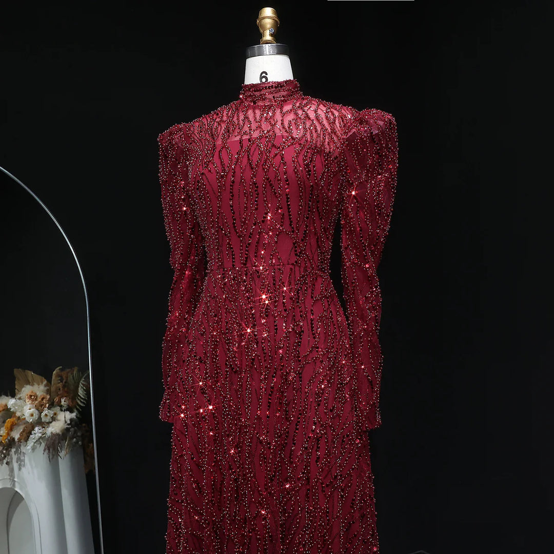 Luxury Wine Red Beaded High Neck Long Sleeve Evening Dress SS618