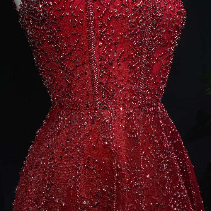 Luxury Wine Red Sequin Beaded A-Line Evening Dress XD074