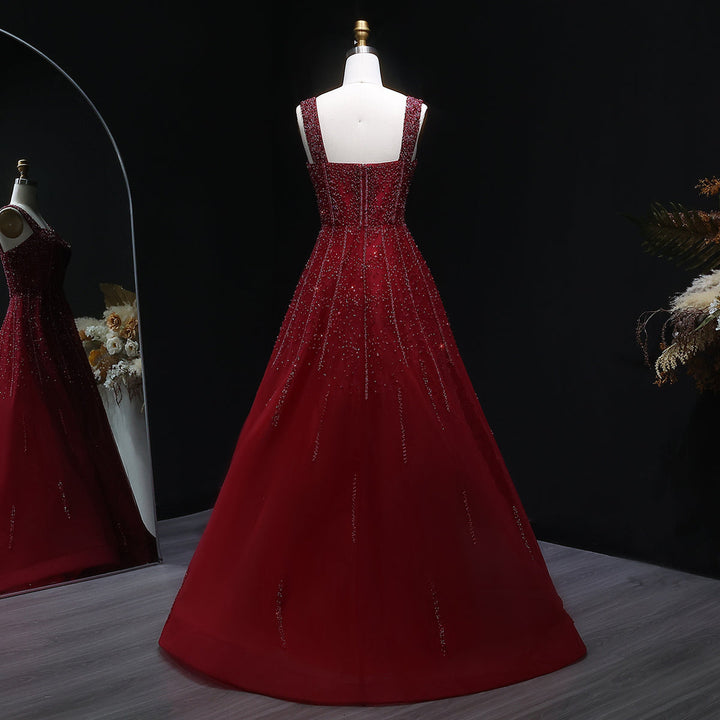 Luxury Wine Red Sequin Beaded A-Line Evening Dress XD074