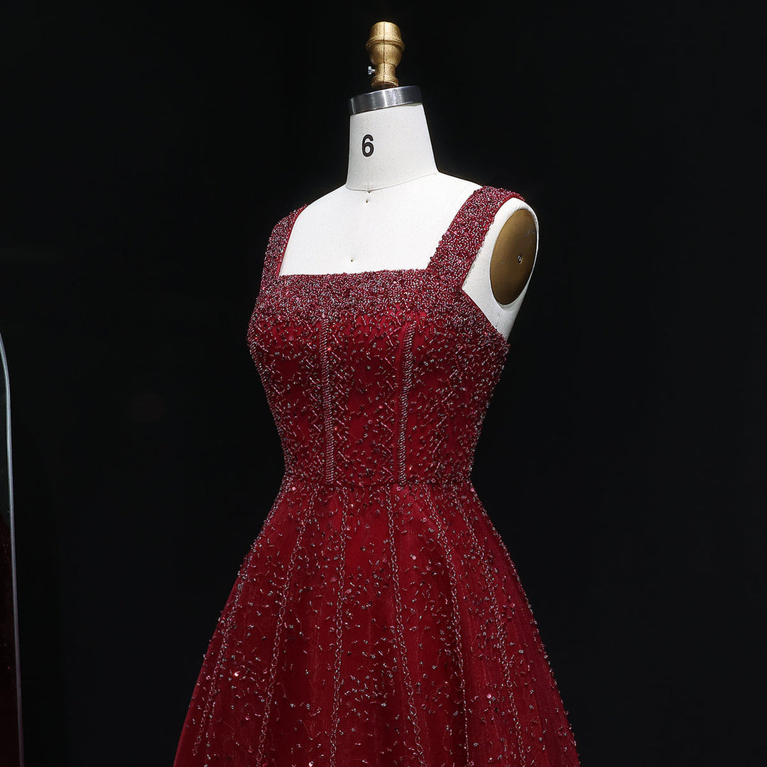 Luxury Wine Red Sequin Beaded A-Line Evening Dress XD074