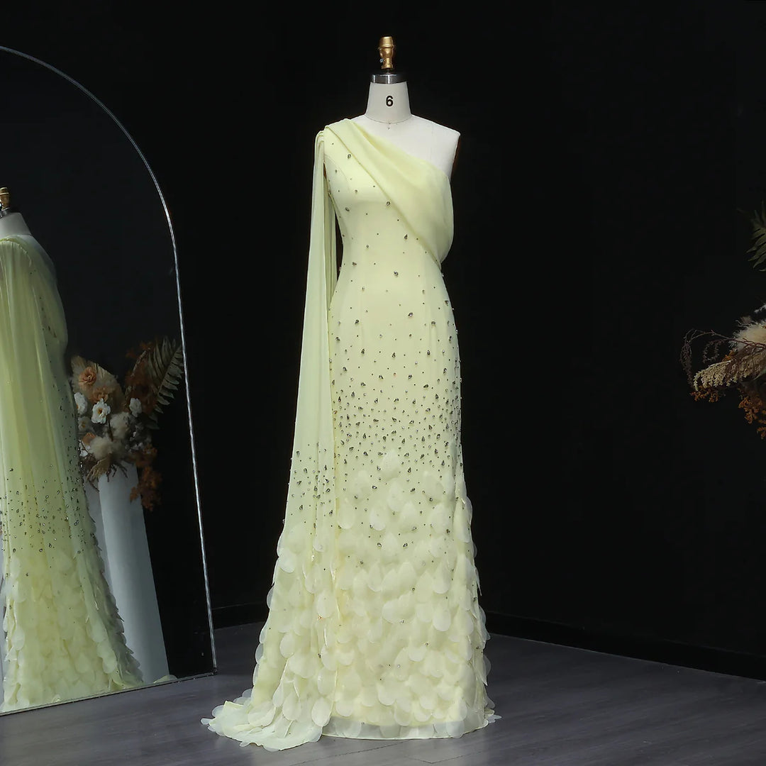 Luxury Yellow One Shoulder Evening Dress with 3D Floral Hem XD034