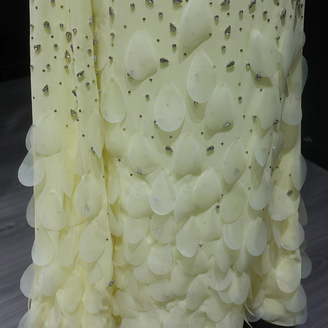 Luxury Yellow One Shoulder Evening Dress with 3D Floral Hem XD034