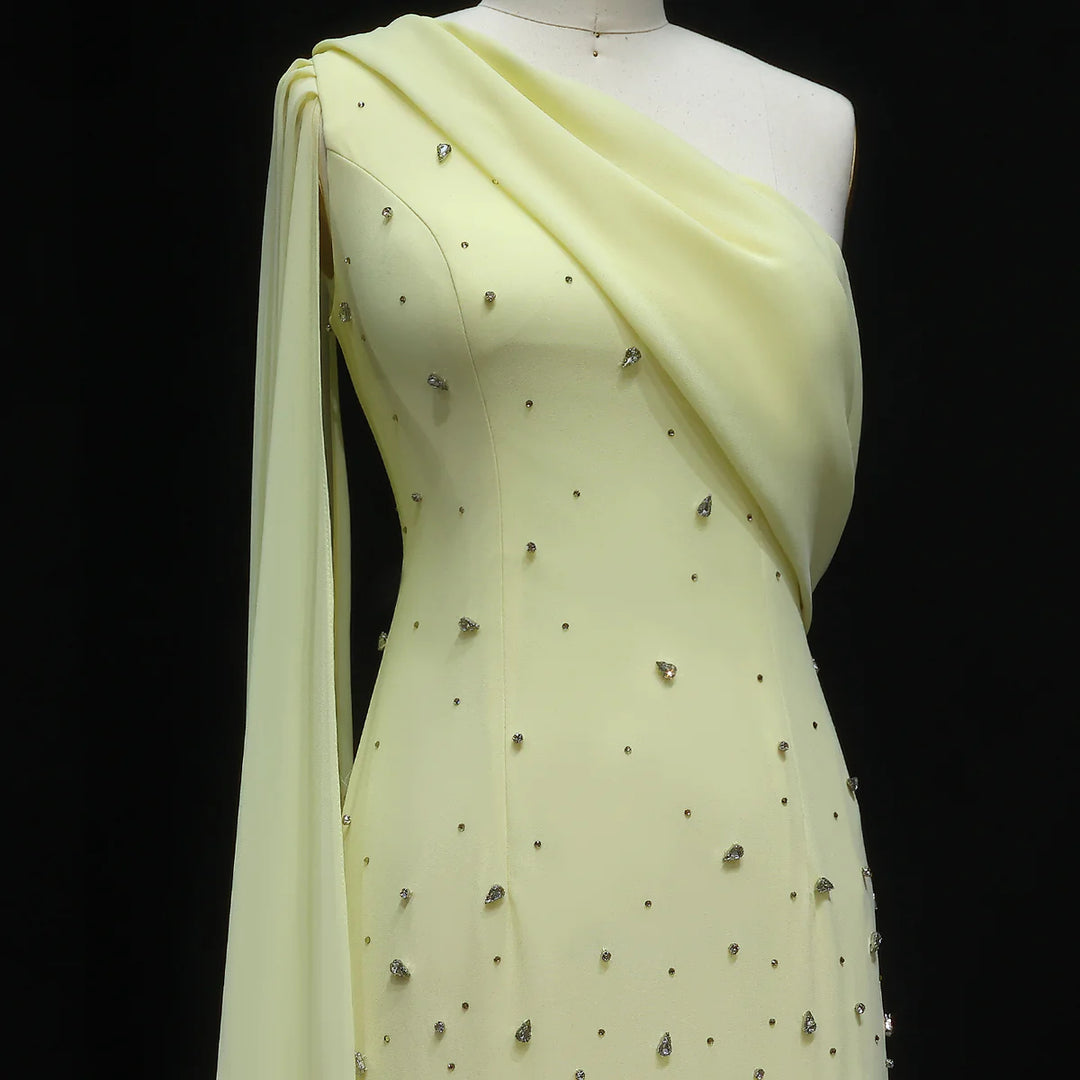 Luxury Yellow One Shoulder Evening Dress with 3D Floral Hem XD034