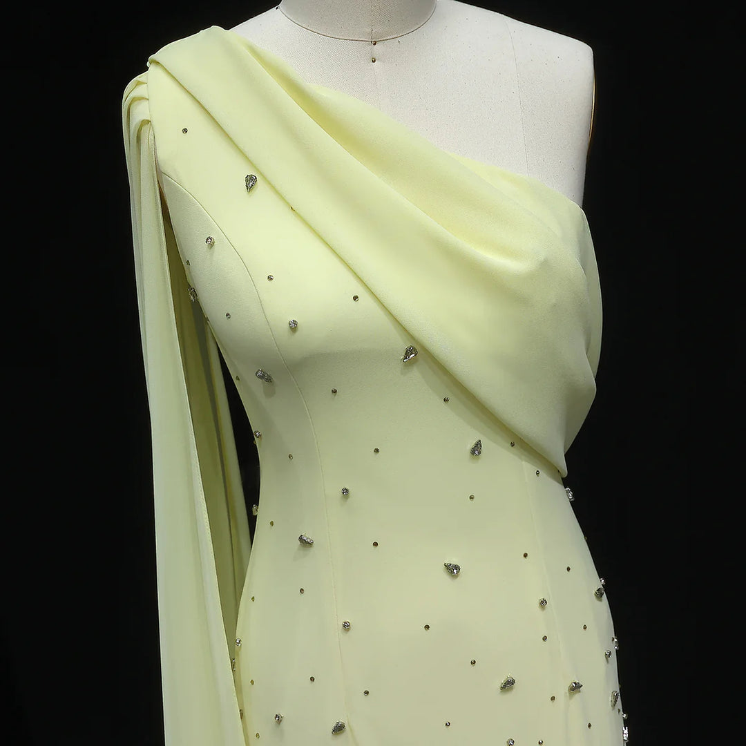 Luxury Yellow One Shoulder Evening Dress with 3D Floral Hem XD034