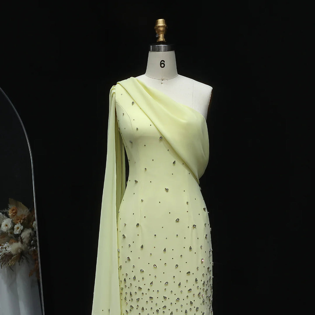 Luxury Yellow One Shoulder Evening Dress with 3D Floral Hem XD034