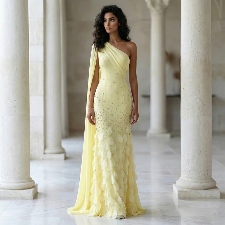 Luxury Yellow One Shoulder Evening Dress with 3D Floral Hem XD034