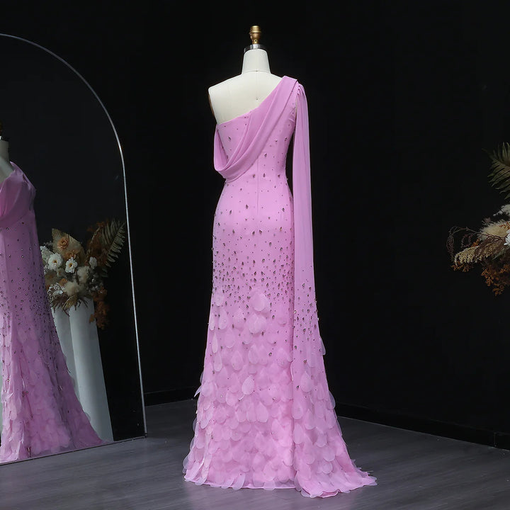 Luxury Yellow One Shoulder Evening Dress with 3D Floral Hem XD034