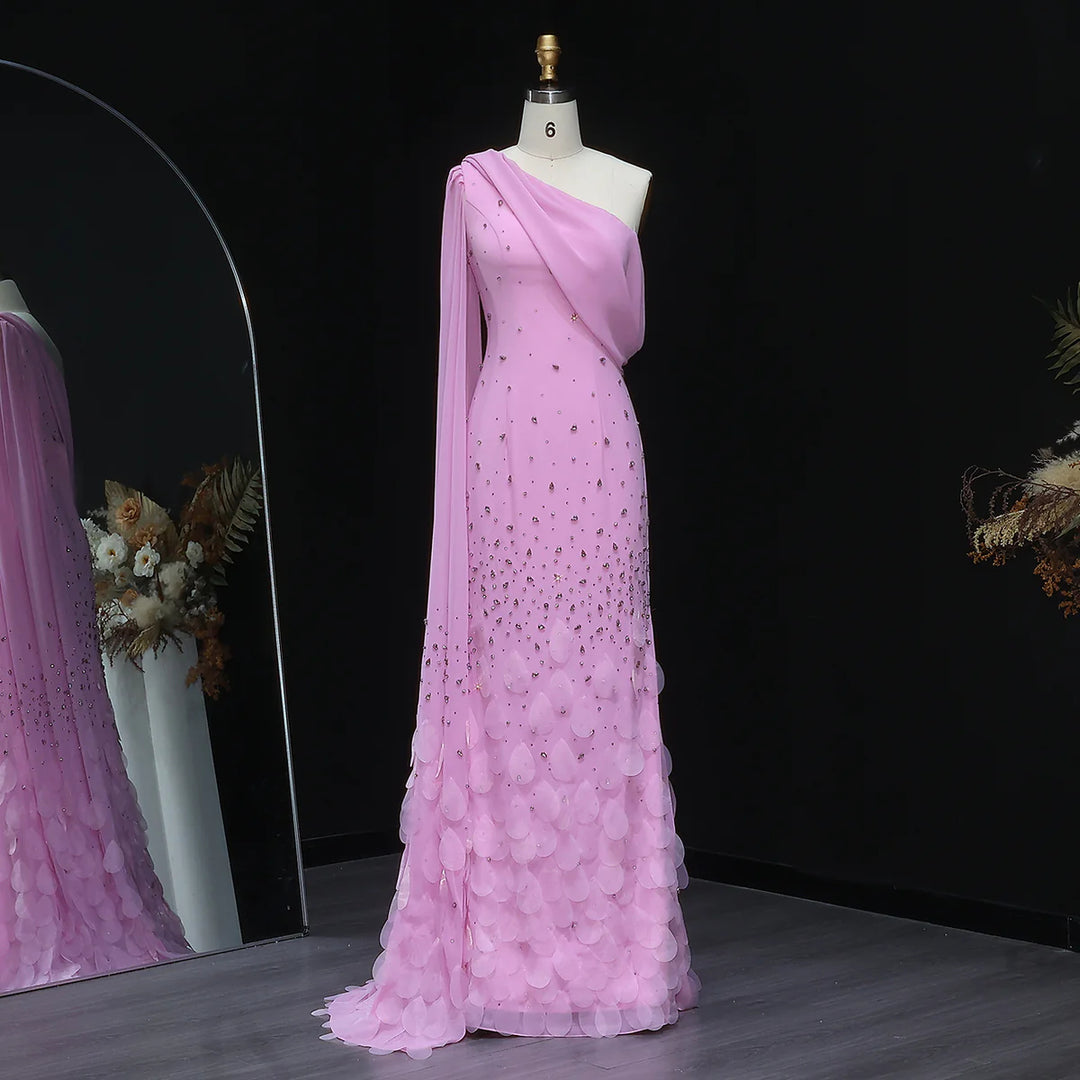 Luxury Yellow One Shoulder Evening Dress with 3D Floral Hem XD034