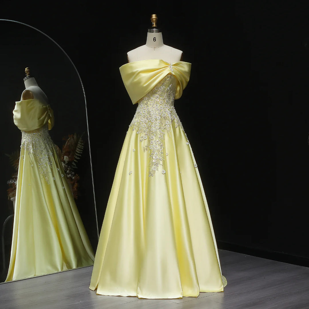 Luxury Yellow Satin with 3D Floral Sequin Embroidery Evening Dress XD032