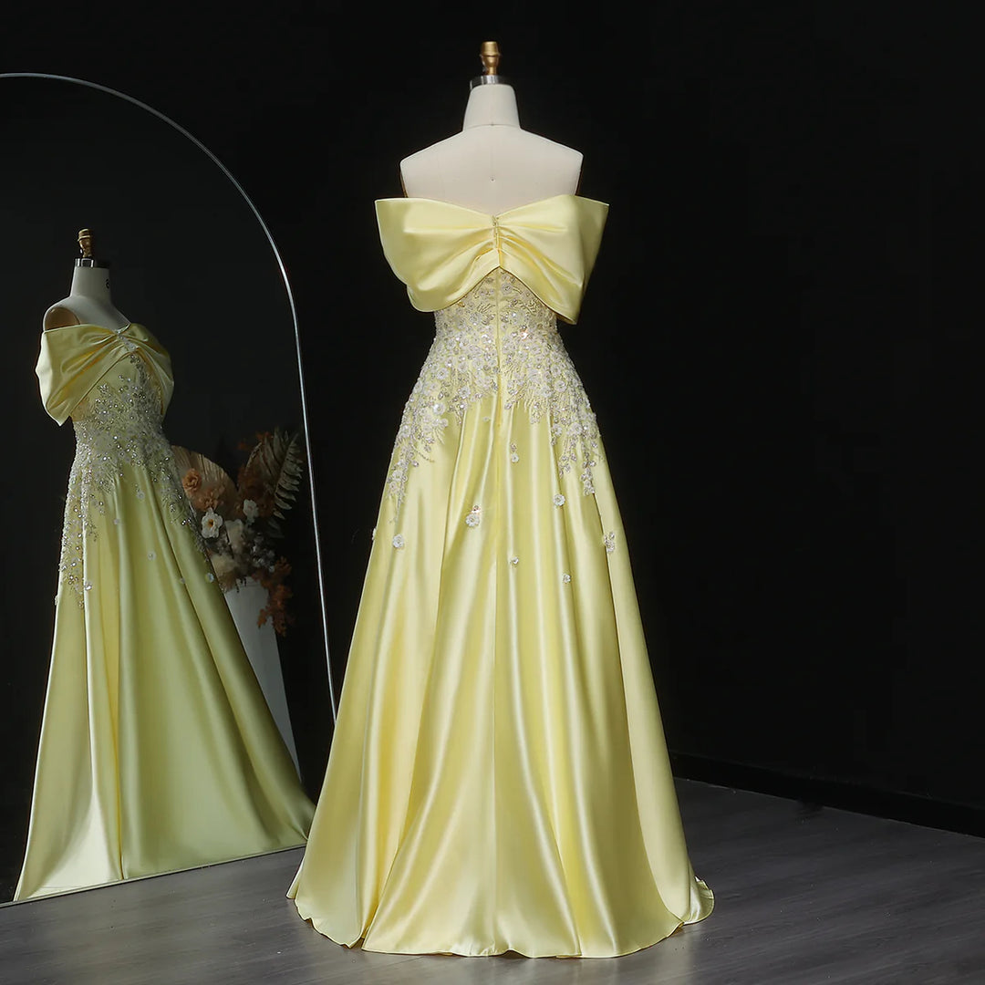 Luxury Yellow Satin with 3D Floral Sequin Embroidery Evening Dress XD032
