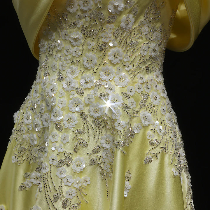 Luxury Yellow Satin with 3D Floral Sequin Embroidery Evening Dress XD032