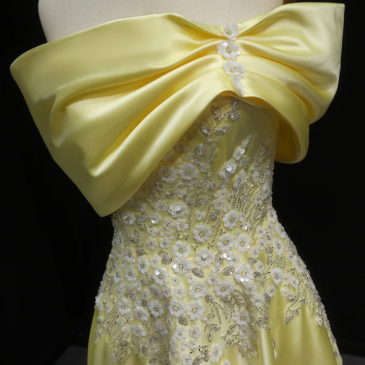 Luxury Yellow Satin with 3D Floral Sequin Embroidery Evening Dress XD032