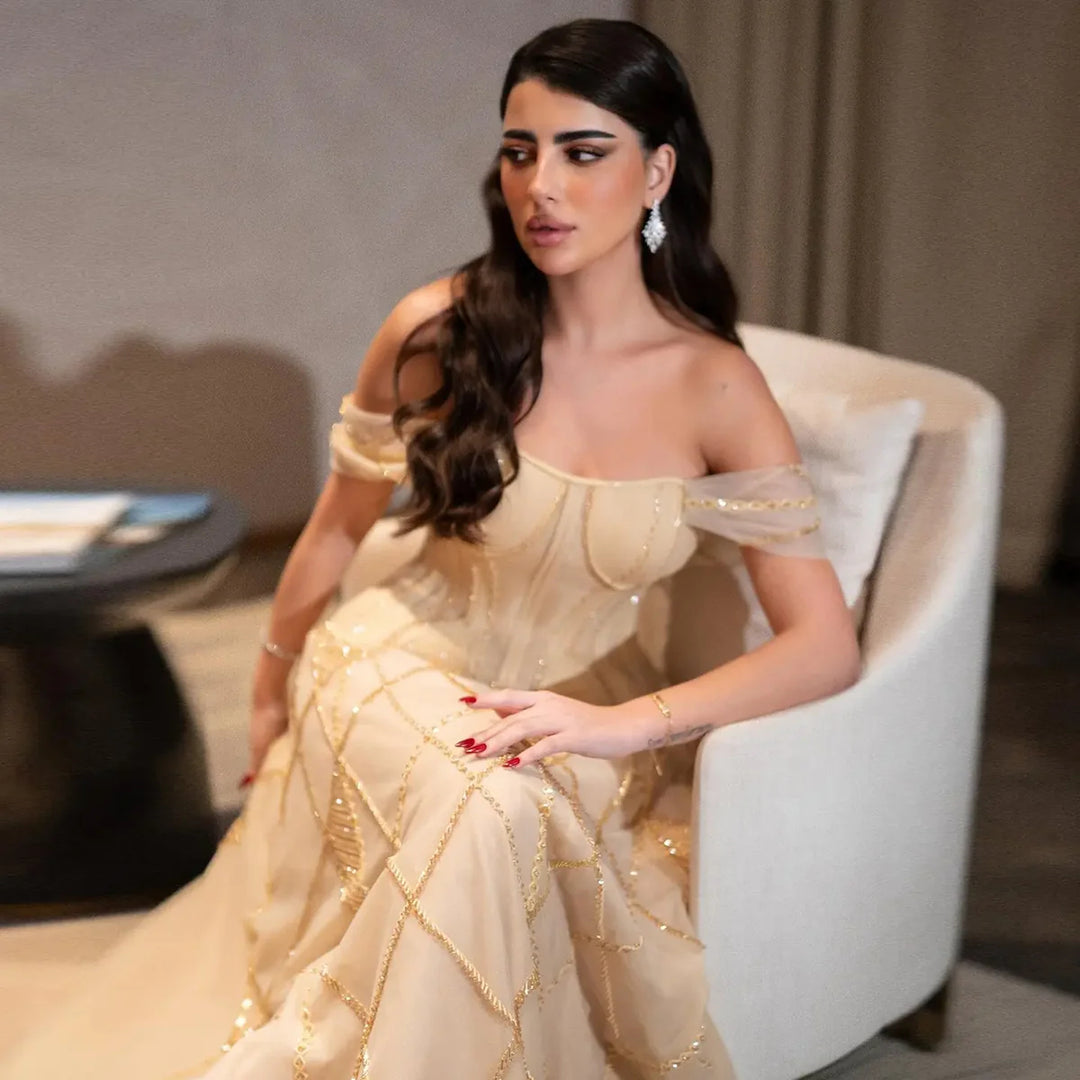 Luxury Off-Shoulder Yellow Beaded Evening Dress SS516