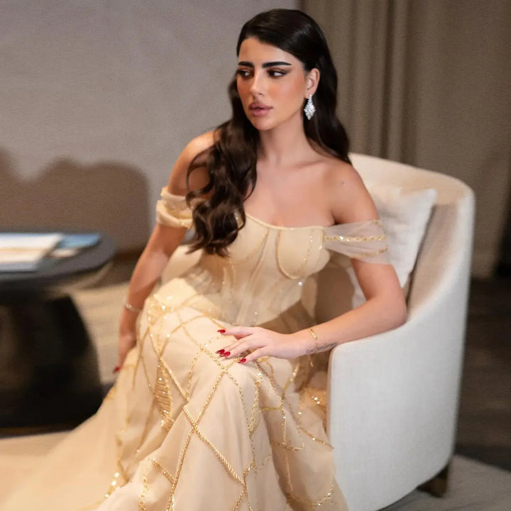 Luxury Off-Shoulder Yellow Beaded Evening Dress SS516