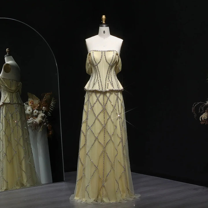 Luxury Off-Shoulder Yellow Beaded Evening Dress SS516