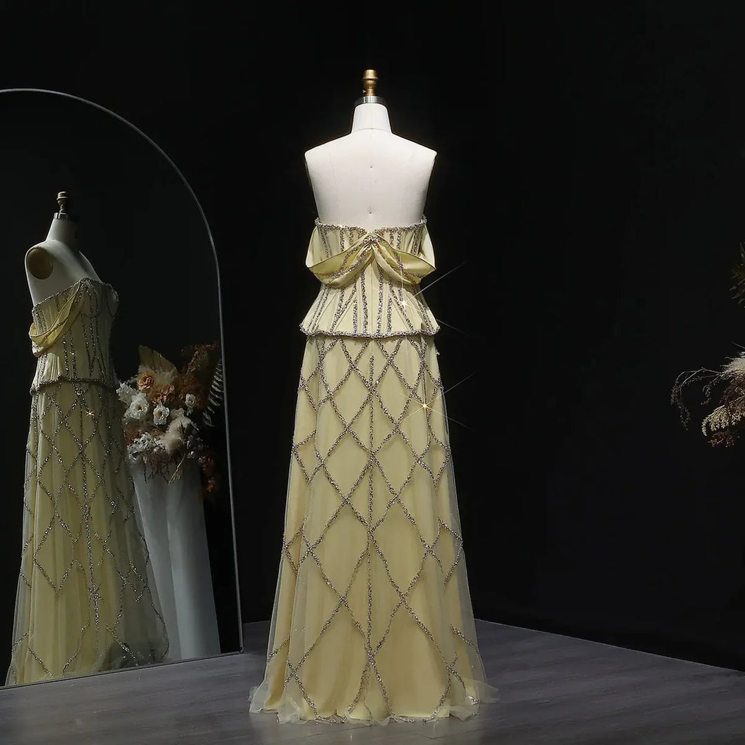 Luxury Off-Shoulder Yellow Beaded Evening Dress SS516