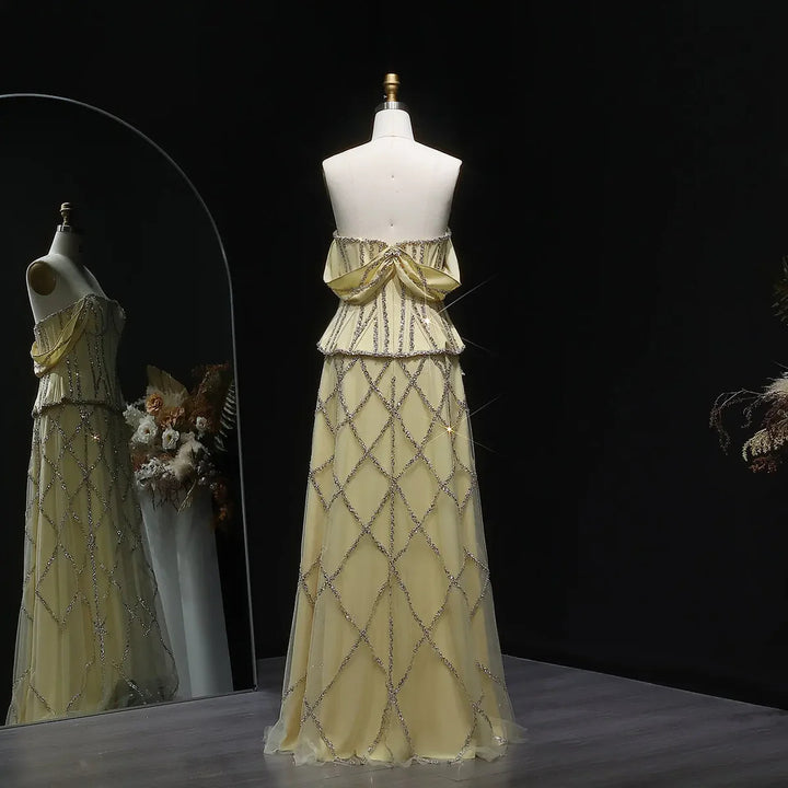 Luxury Off-Shoulder Yellow Beaded Evening Dress SS516