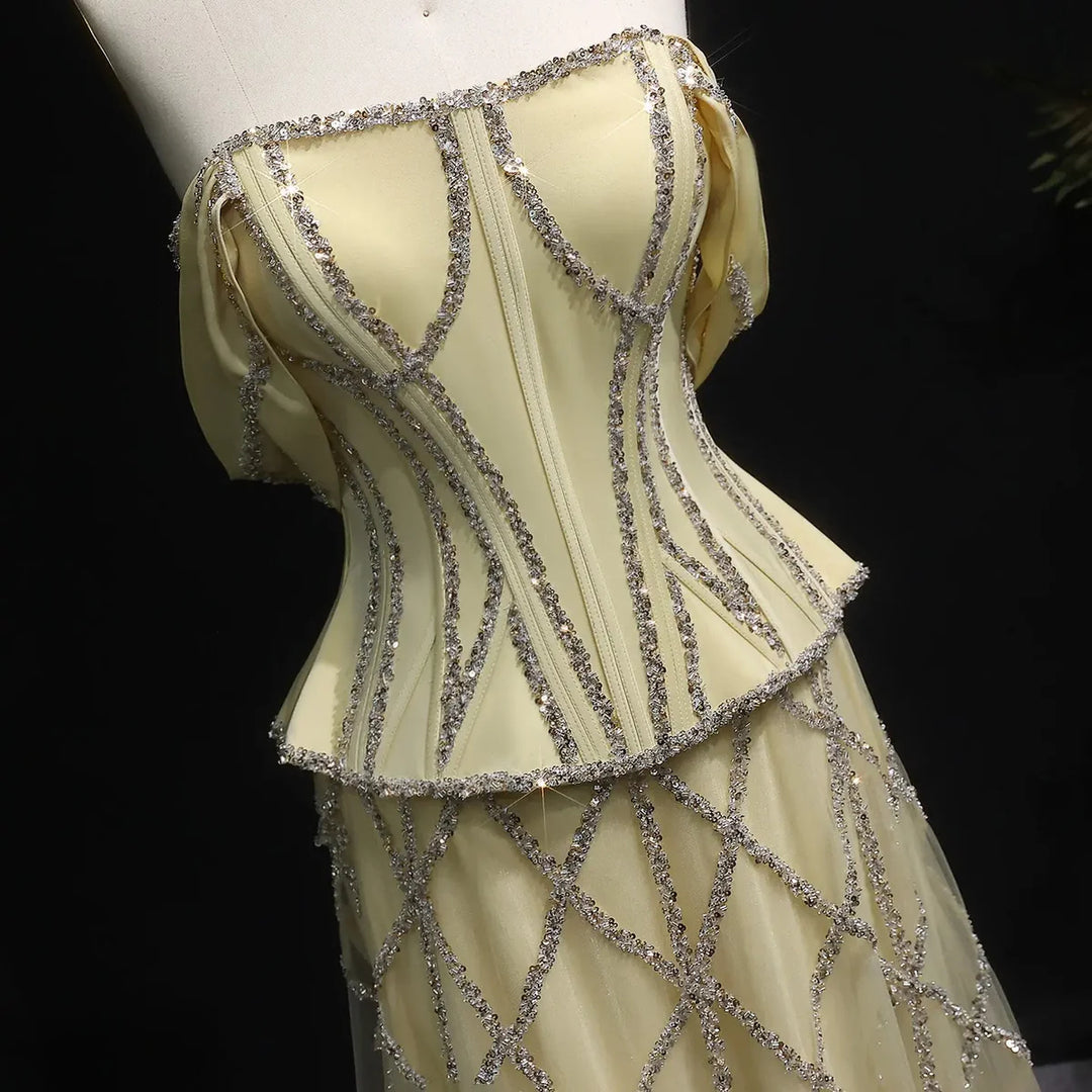 Luxury Off-Shoulder Yellow Beaded Evening Dress SS516