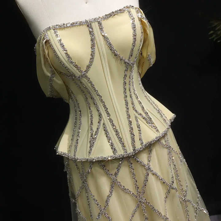 Luxury Off-Shoulder Yellow Beaded Evening Dress SS516