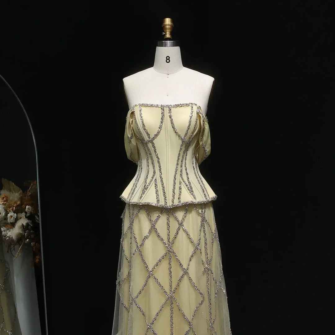 Luxury Off-Shoulder Yellow Beaded Evening Dress SS516