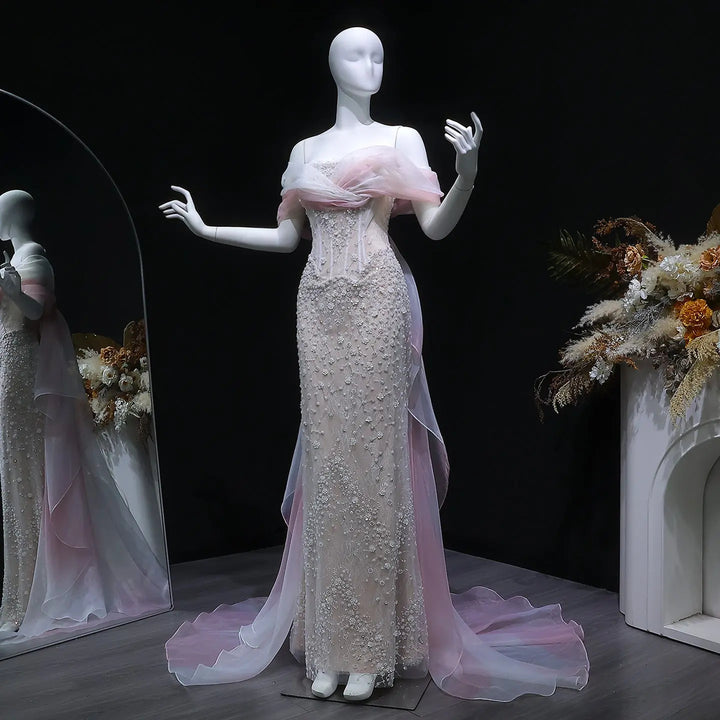 Luxury Blush Pink Ombre Off Shoulder Beaded Evening Dress with Train SS519