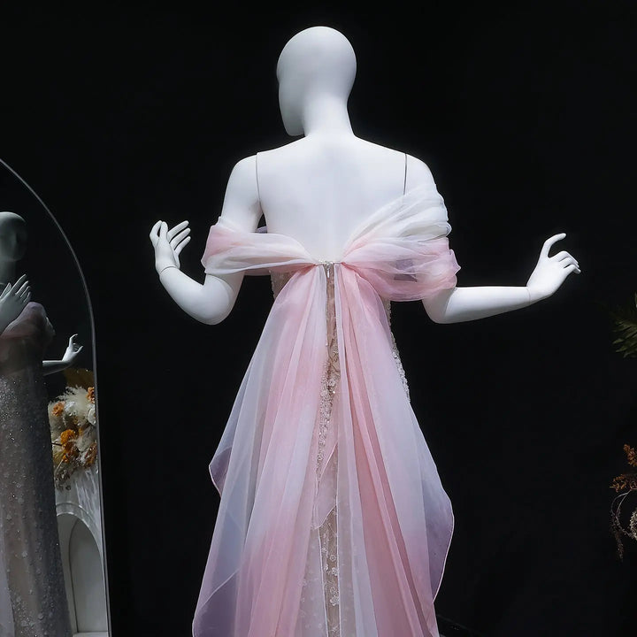 Luxury Blush Pink Ombre Off Shoulder Beaded Evening Dress with Train SS519